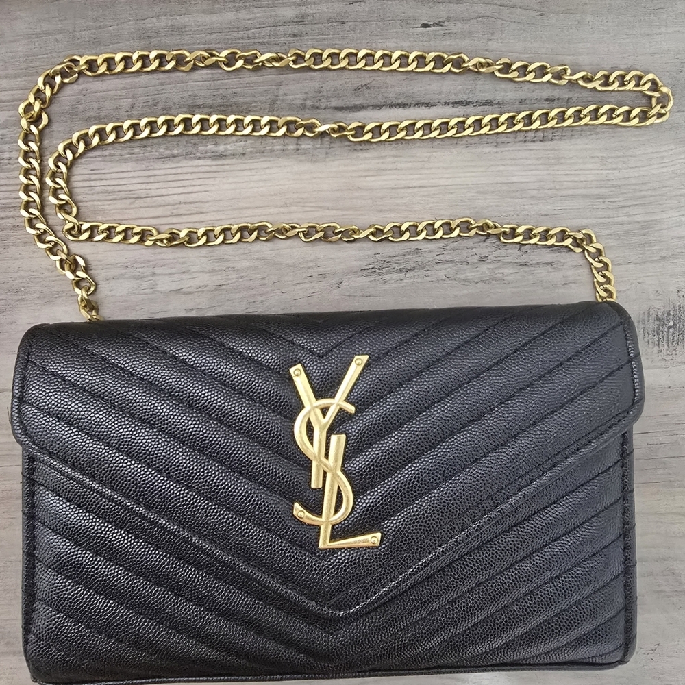 Yves Saint Laurent Black and Gold Crossbody Bag with Chevron Quilting